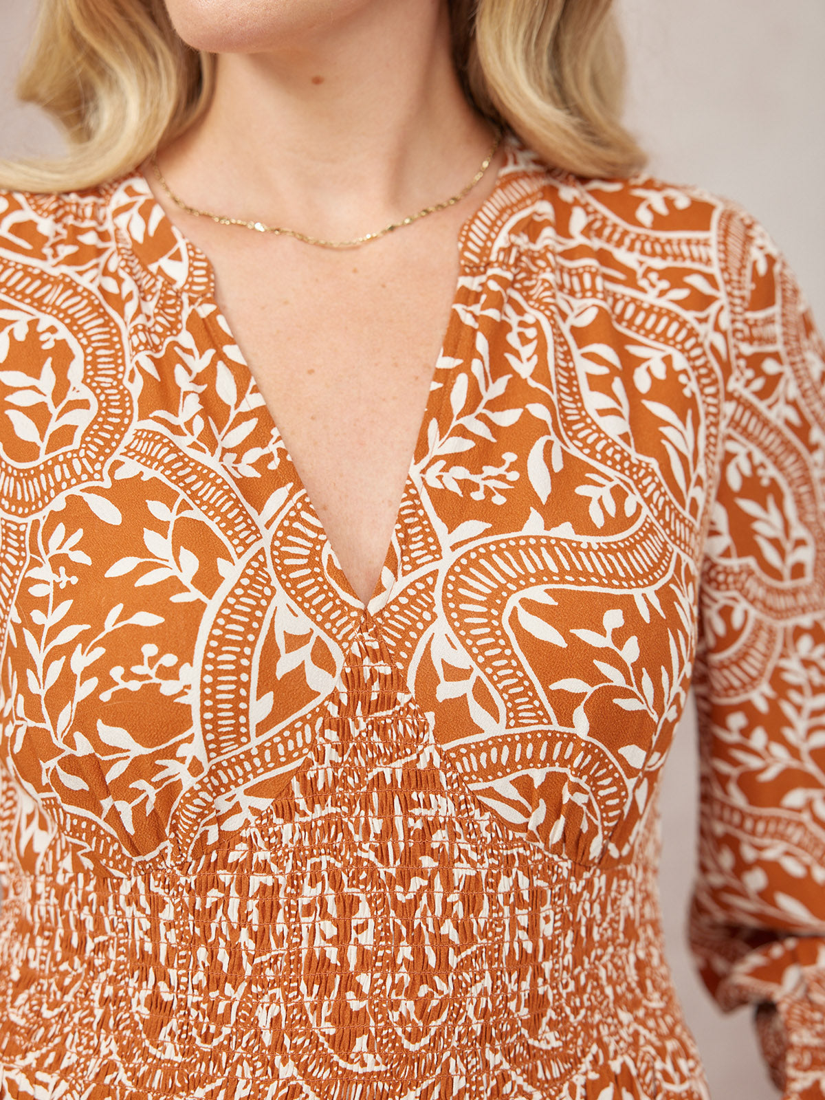 Carrie Shirred Waist Dress - Burnt Orange & Ecru Block Print
