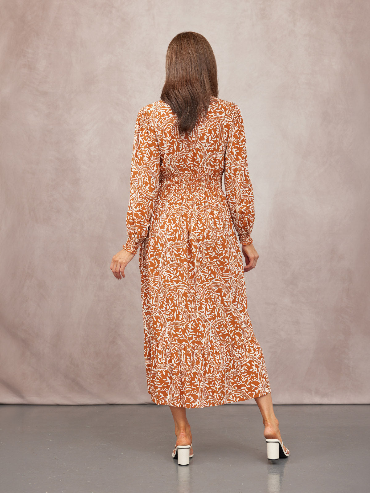 Carrie Shirred Waist Dress - Burnt Orange & Ecru Block Print