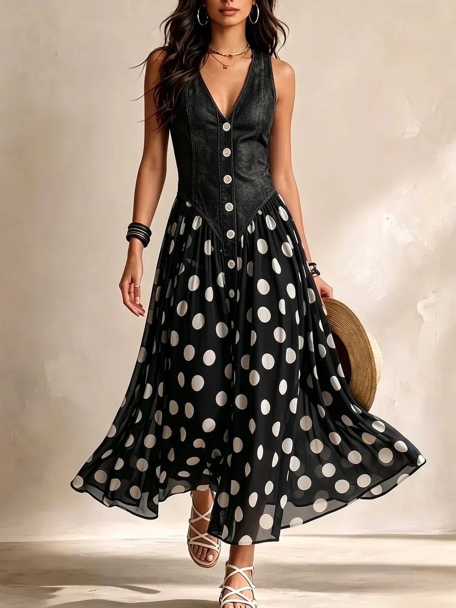 Adeline | Vestido Largo Denim con Falda de Lunares