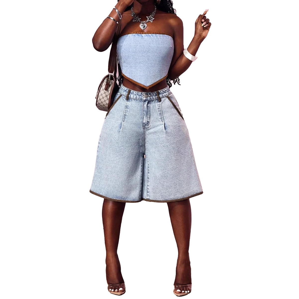 Shorts Denim Wide-Leg Vintage con Ribete de Contraste