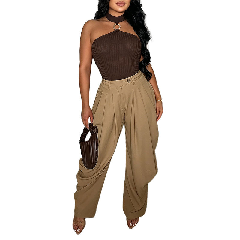 Pantalón Wide-Leg Plisado Tiro Alto Elegante