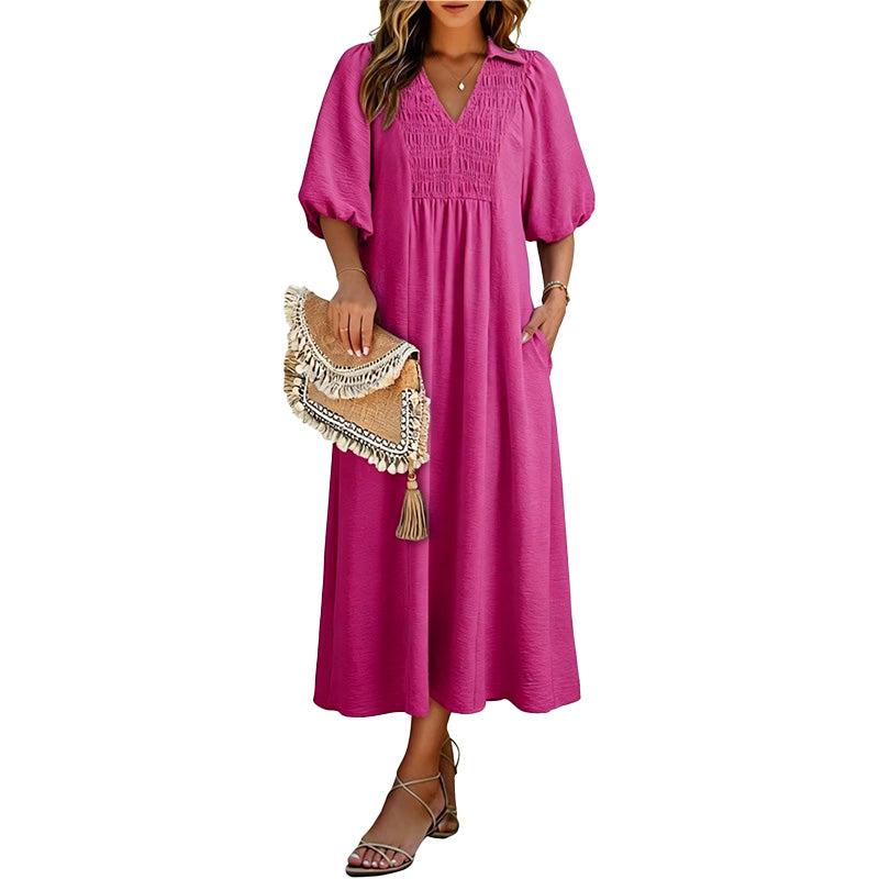 Vestido Largo Escote V con Cuerpo Fruncido