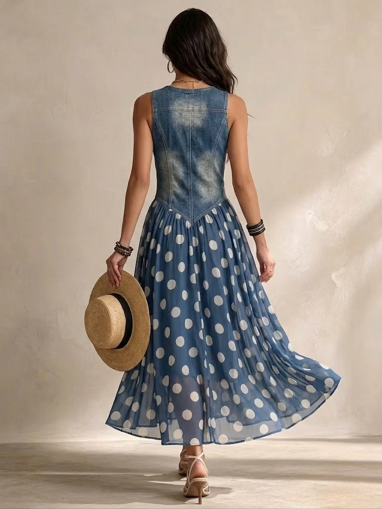 Adeline | Vestido Largo Denim con Falda de Lunares