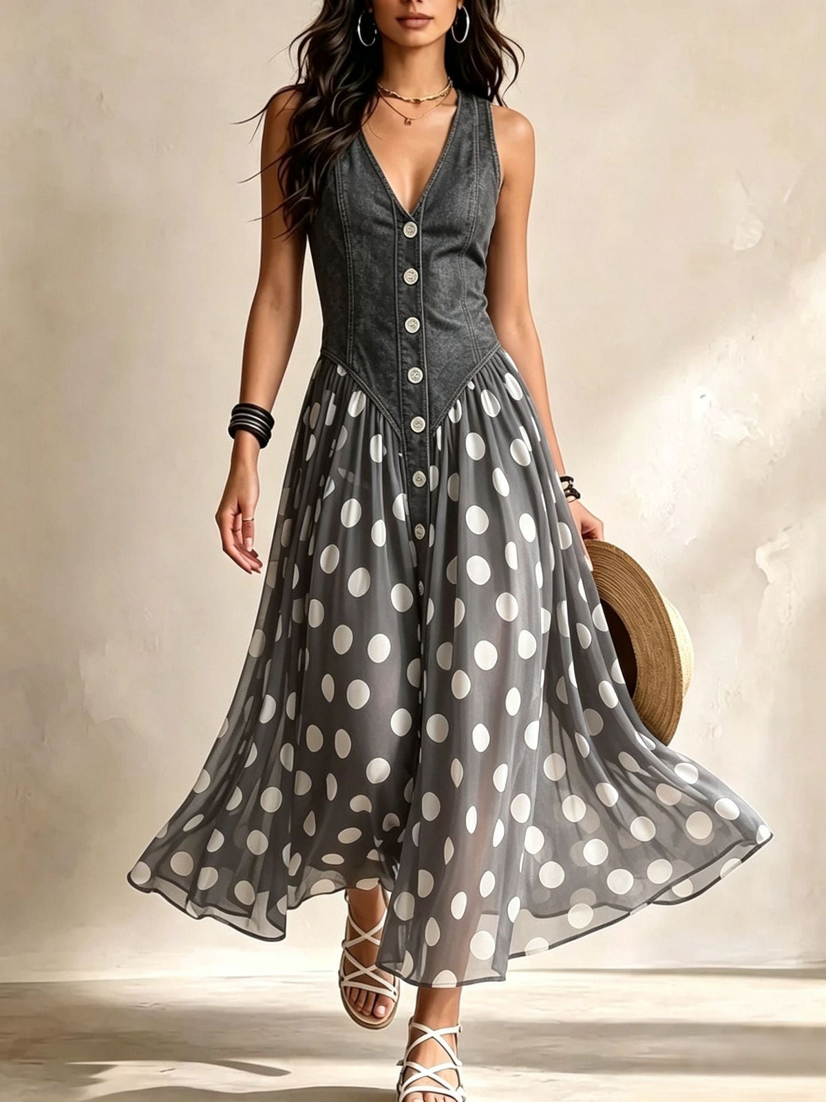 Adeline | Vestido Largo Denim con Falda de Lunares