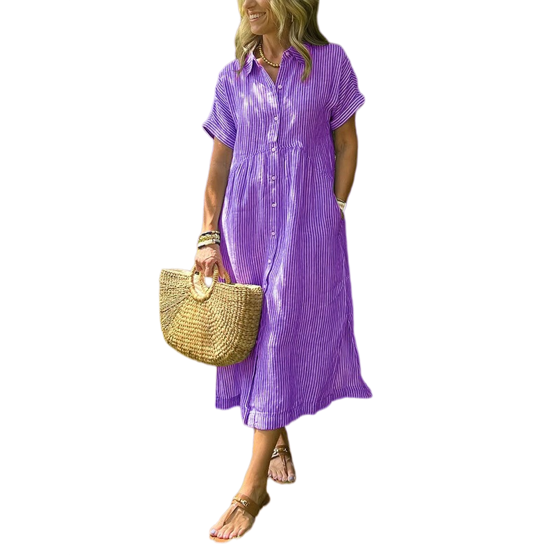 Vestido Midi Camisero con Botones a Rayas