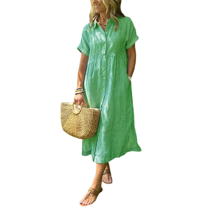 Vestido Midi Camisero con Botones a Rayas