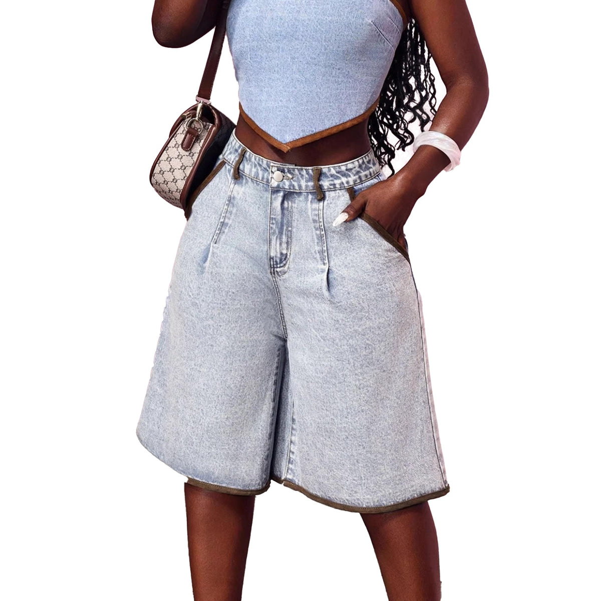 Shorts Denim Wide-Leg Vintage con Ribete de Contraste
