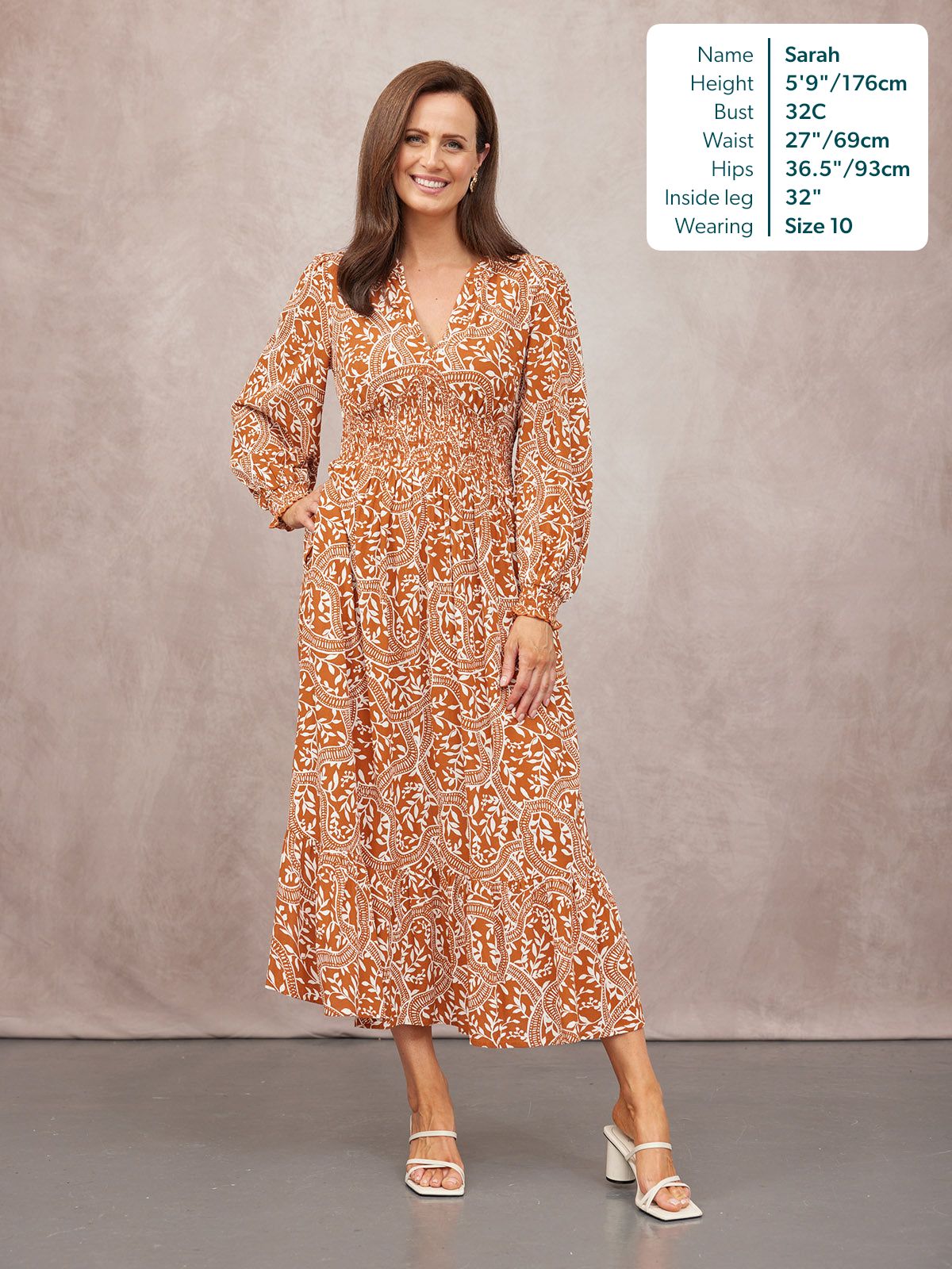 Carrie Shirred Waist Dress - Burnt Orange & Ecru Block Print
