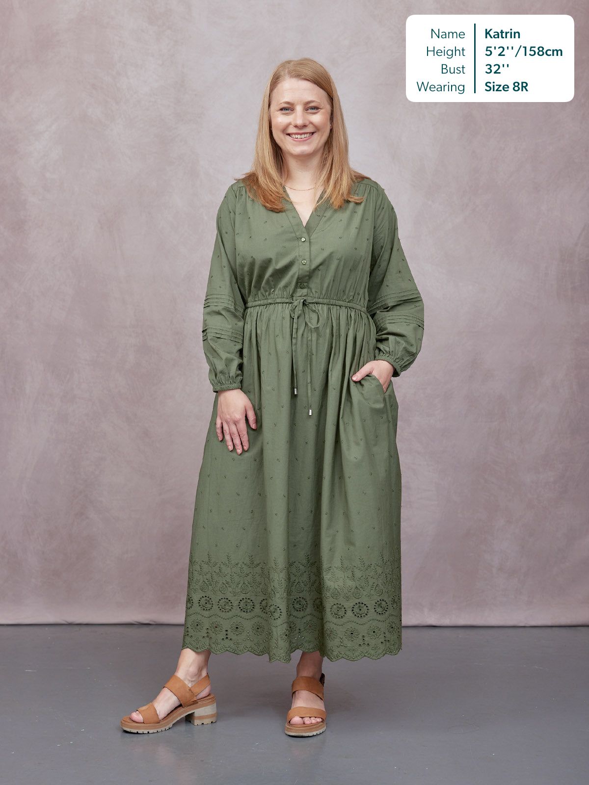Ellen Long Sleeve Tie Waist Broderie Detail Dress - Khaki