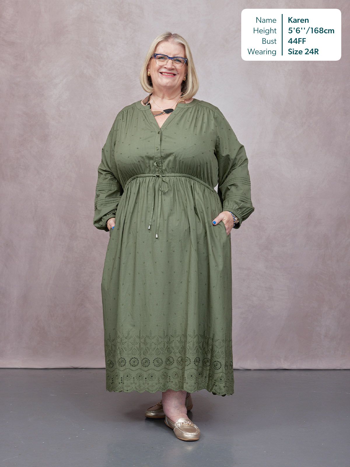 Ellen Long Sleeve Tie Waist Broderie Detail Dress - Khaki
