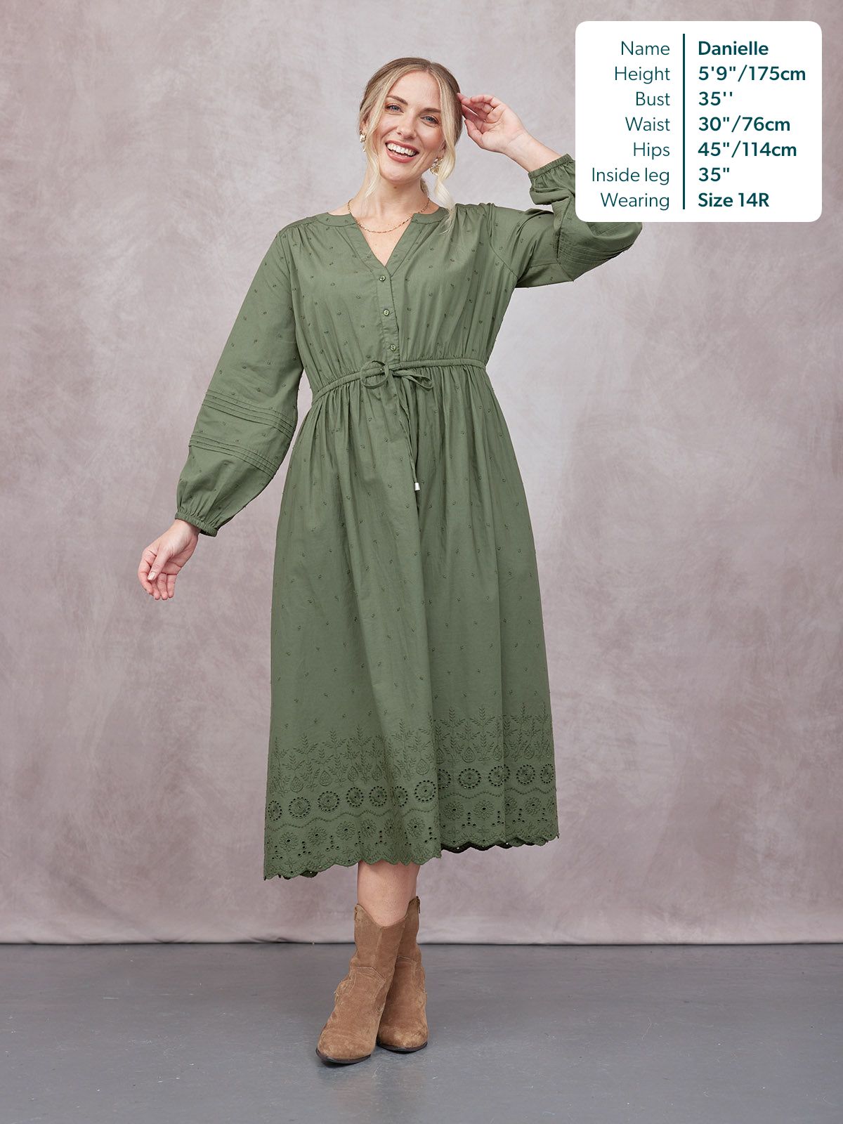 Ellen Long Sleeve Tie Waist Broderie Detail Dress - Khaki