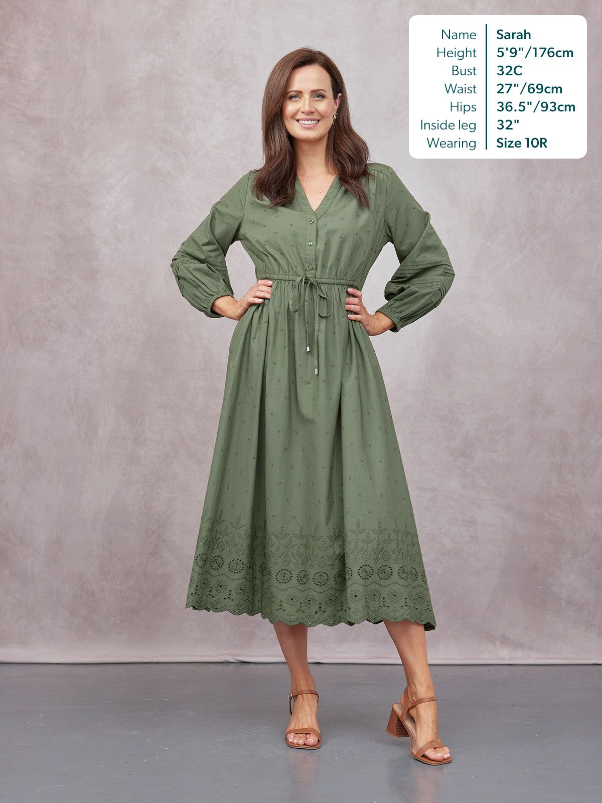 Ellen Long Sleeve Tie Waist Broderie Detail Dress - Khaki