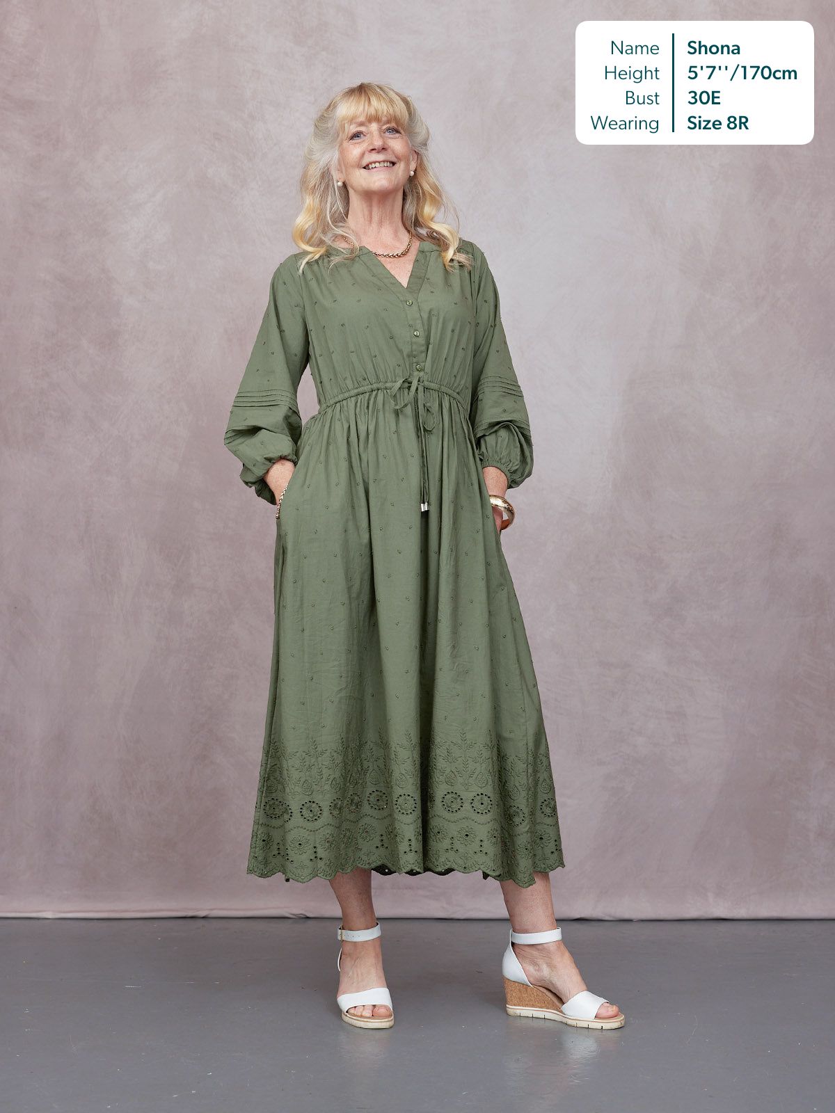 Ellen Long Sleeve Tie Waist Broderie Detail Dress - Khaki