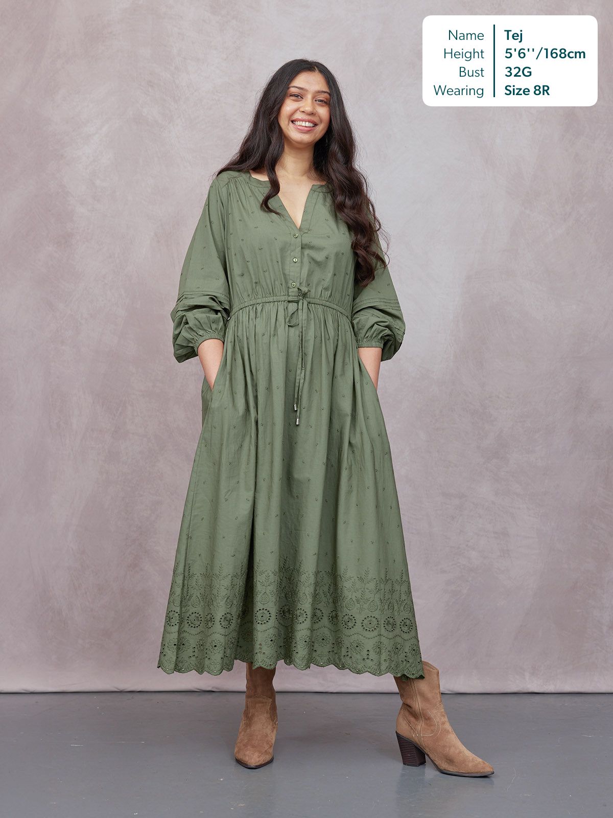 Ellen Long Sleeve Tie Waist Broderie Detail Dress - Khaki
