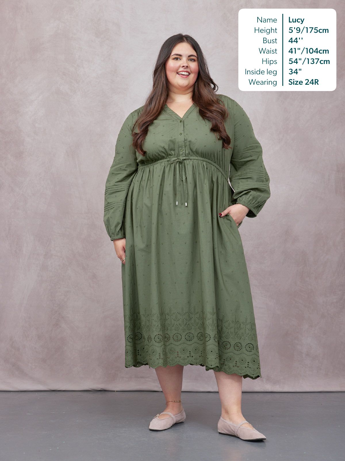 Ellen Long Sleeve Tie Waist Broderie Detail Dress - Khaki