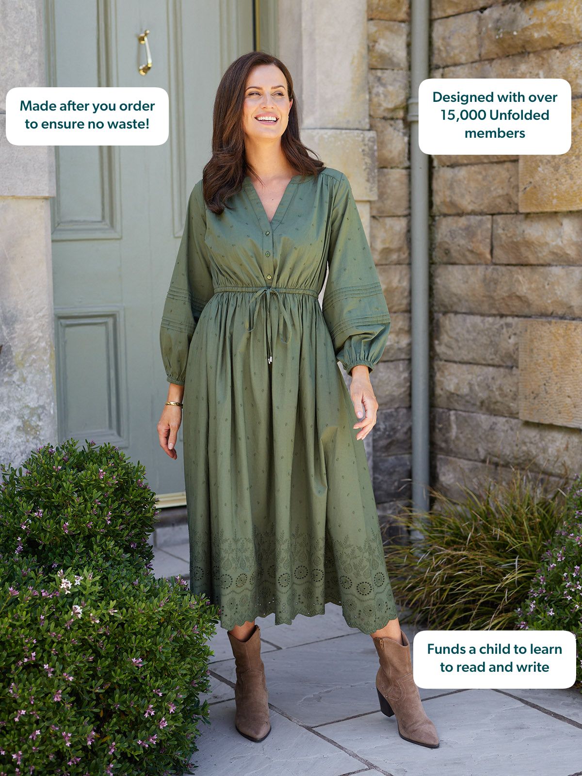 Ellen Long Sleeve Tie Waist Broderie Detail Dress - Khaki