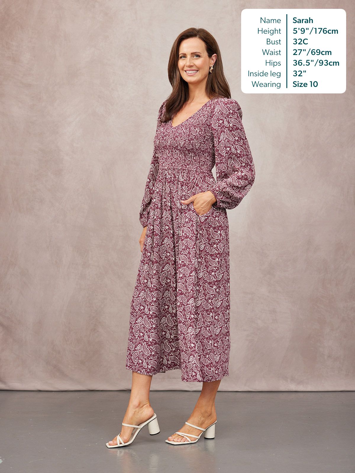 Gillian Shirred Bodice Dress - Maroon Paisley Print