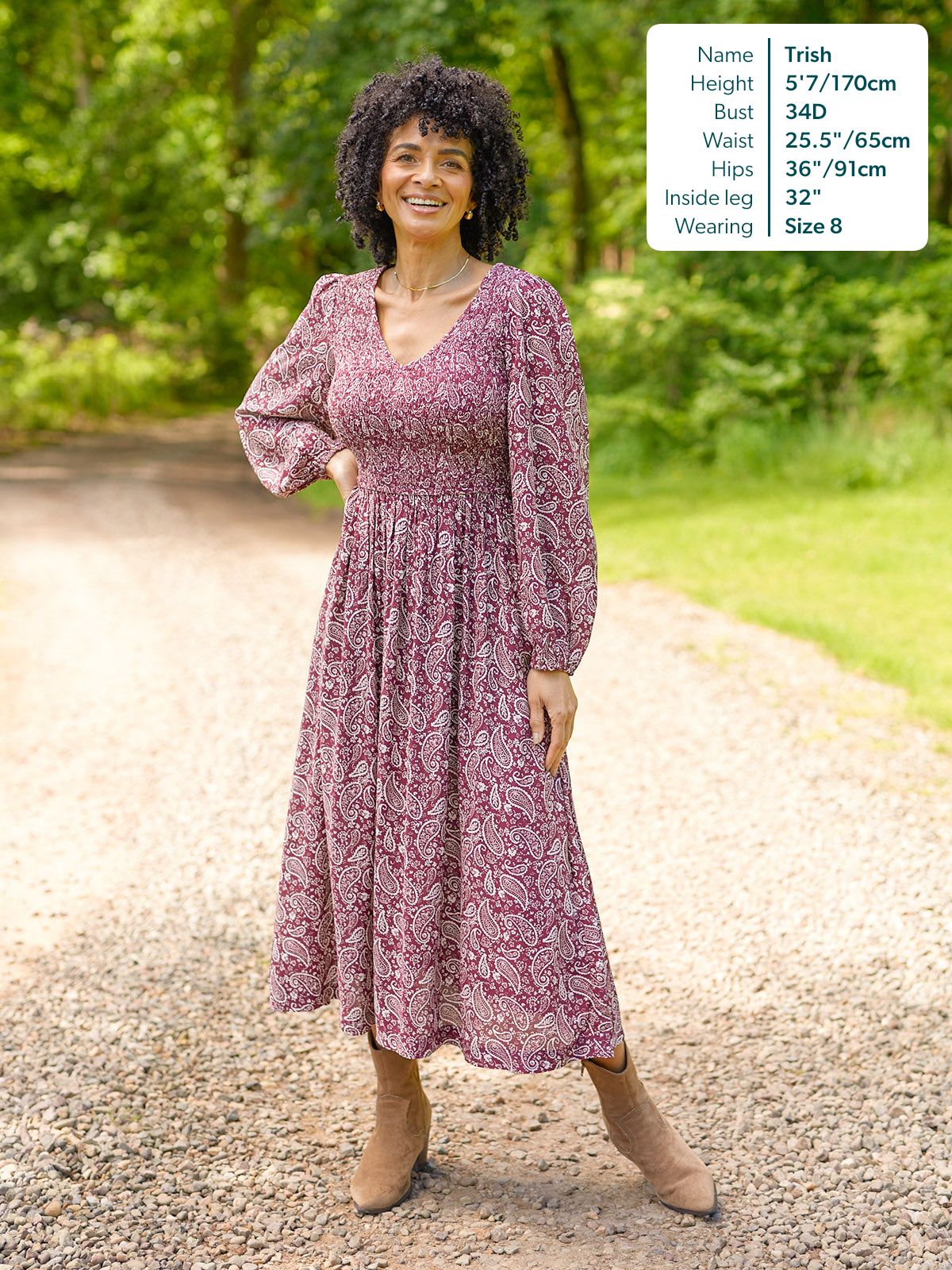 Gillian Shirred Bodice Dress - Maroon Paisley Print