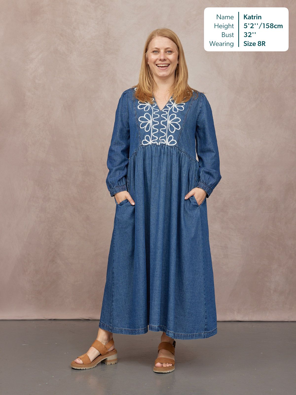 Gina Floral Decor Detail Denim Dress - Blue