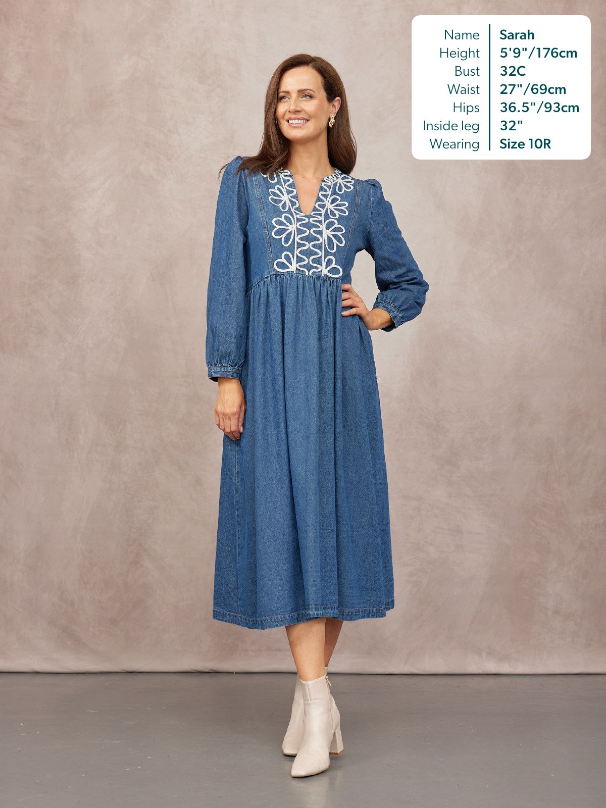 Gina Floral Decor Detail Denim Dress - Blue