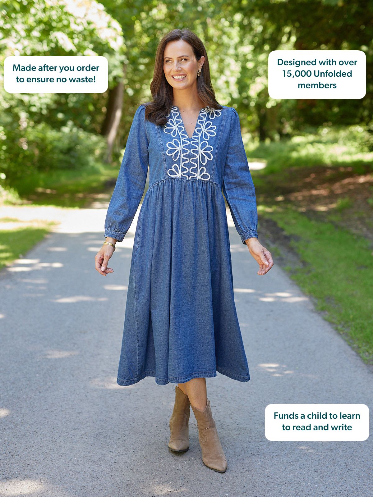 Gina Floral Decor Detail Denim Dress - Blue