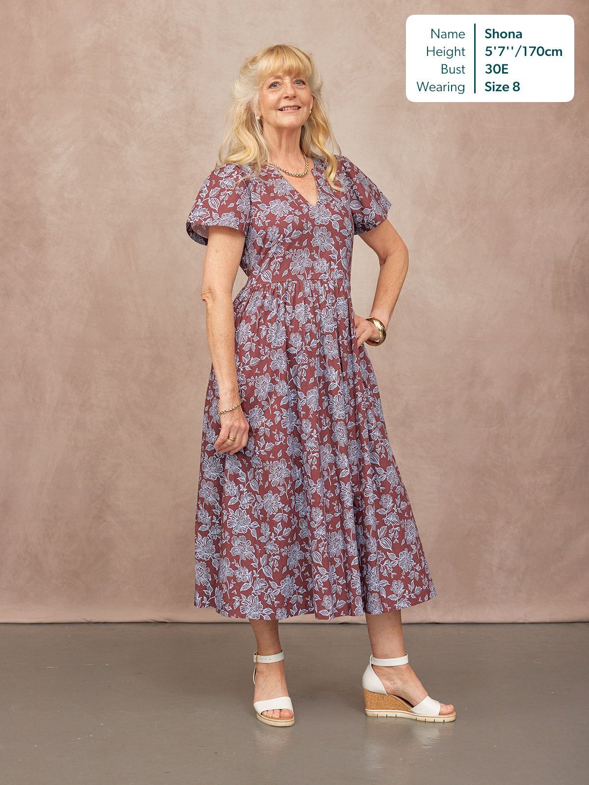 Leah Angel Sleeve Dress - Brown & Blue Floral Print