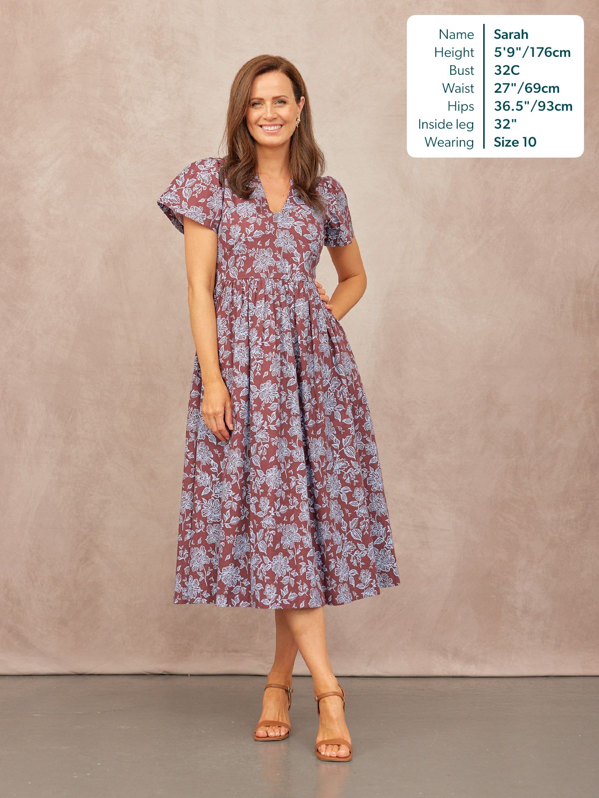 Leah Angel Sleeve Dress - Brown & Blue Floral Print