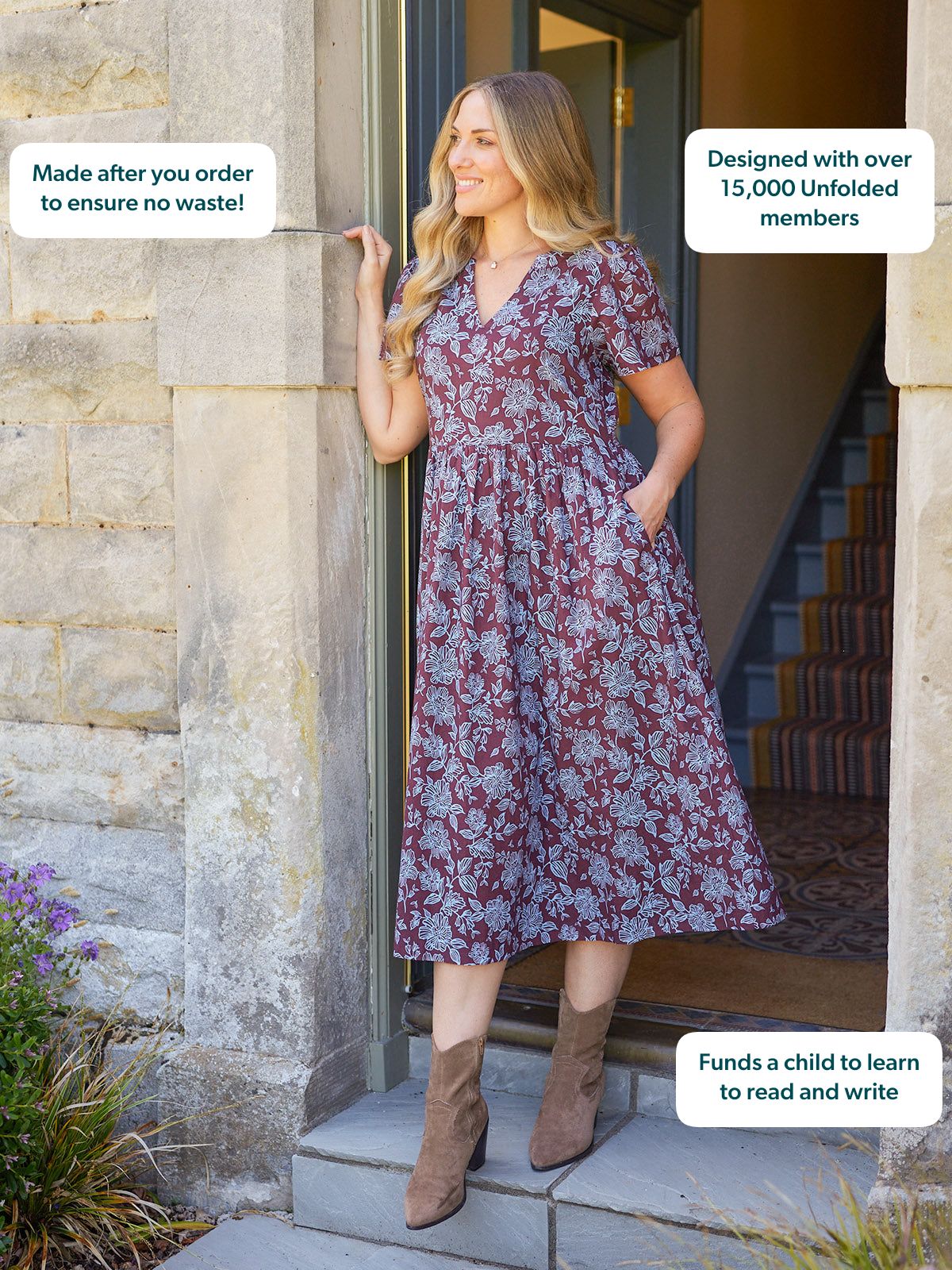 Leah Angel Sleeve Dress - Brown & Blue Floral Print