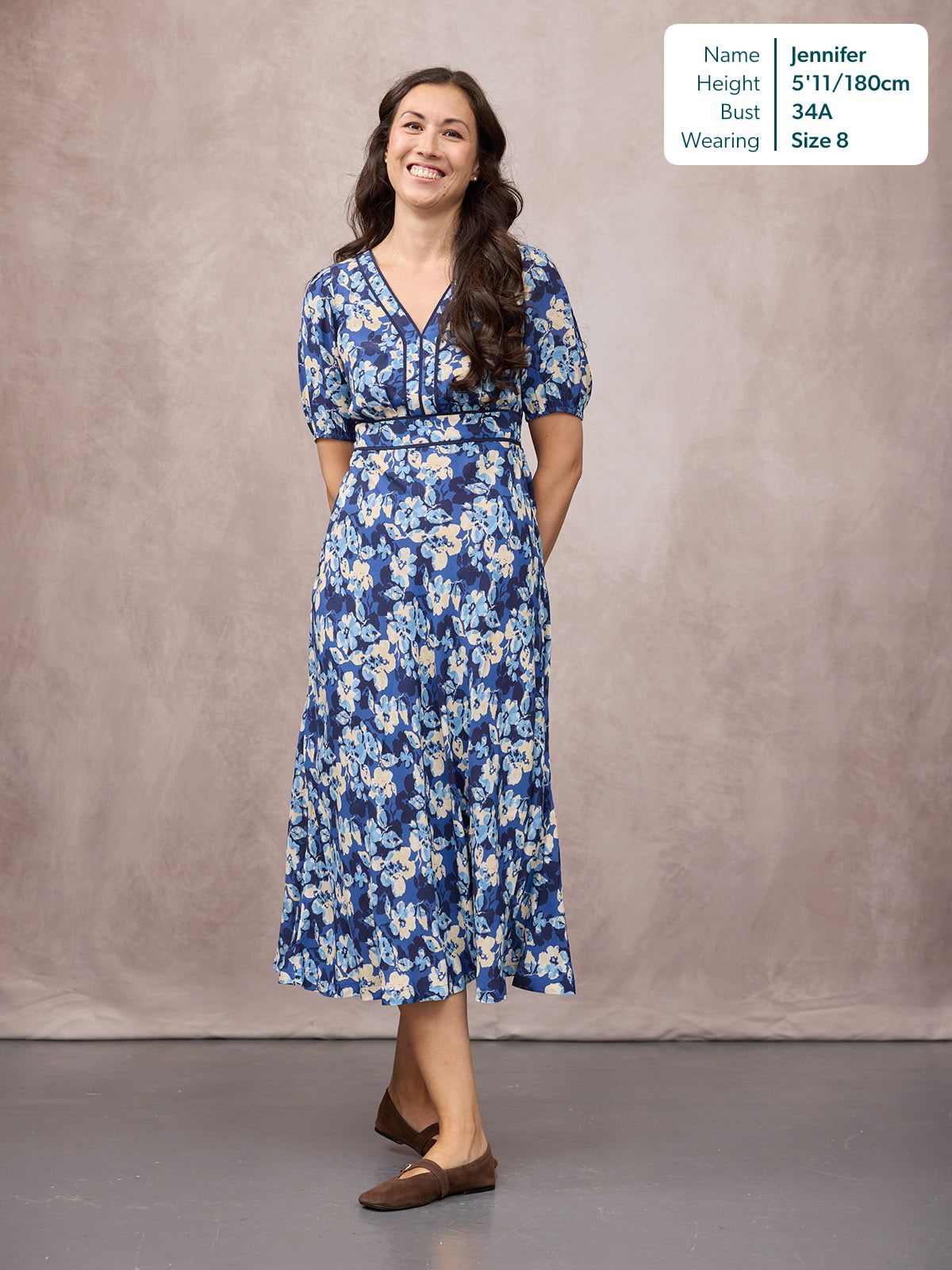 Linny Contrast Trim Dress - Blue Floral Print