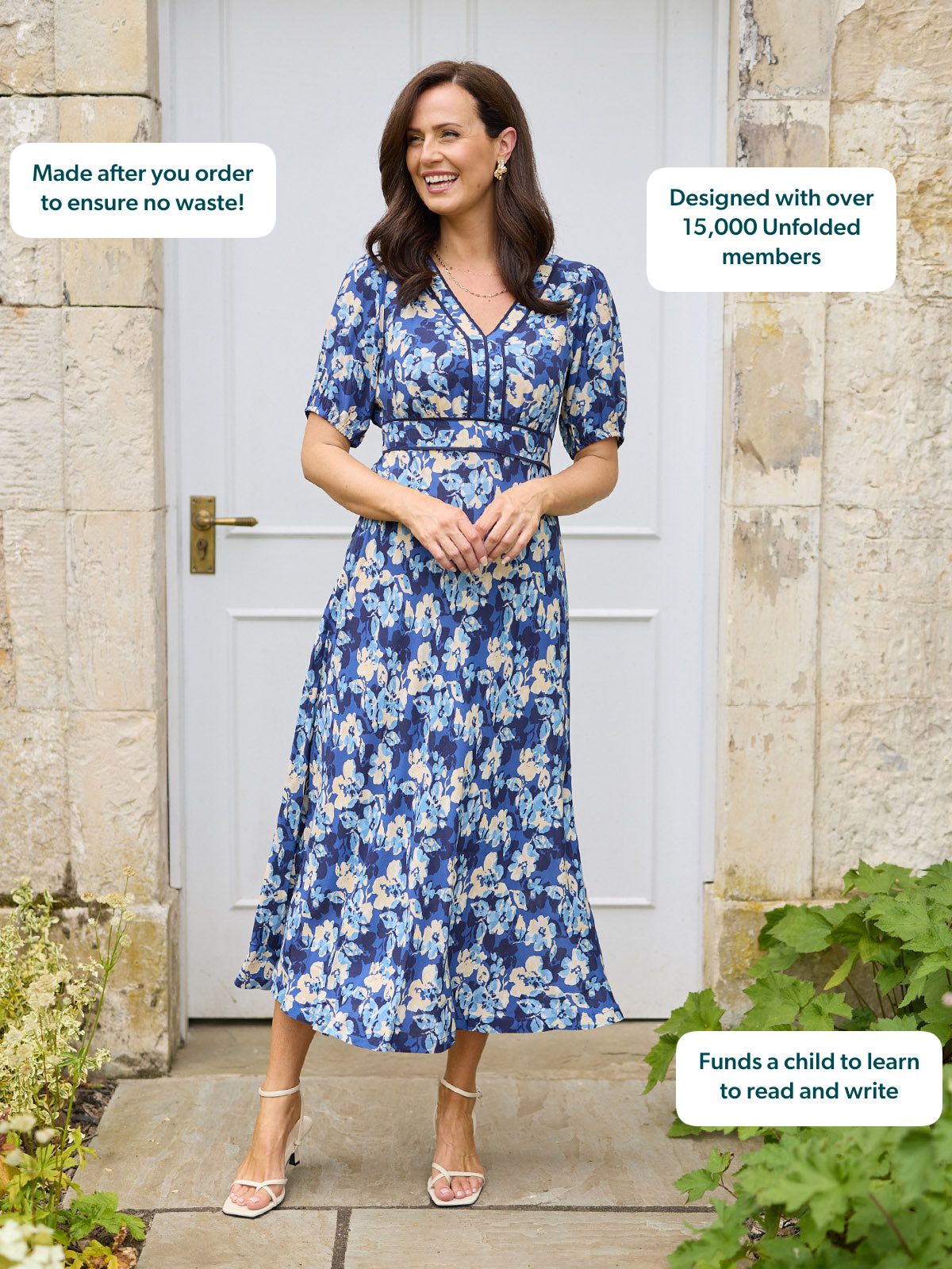 Linny Contrast Trim Dress - Blue Floral Print