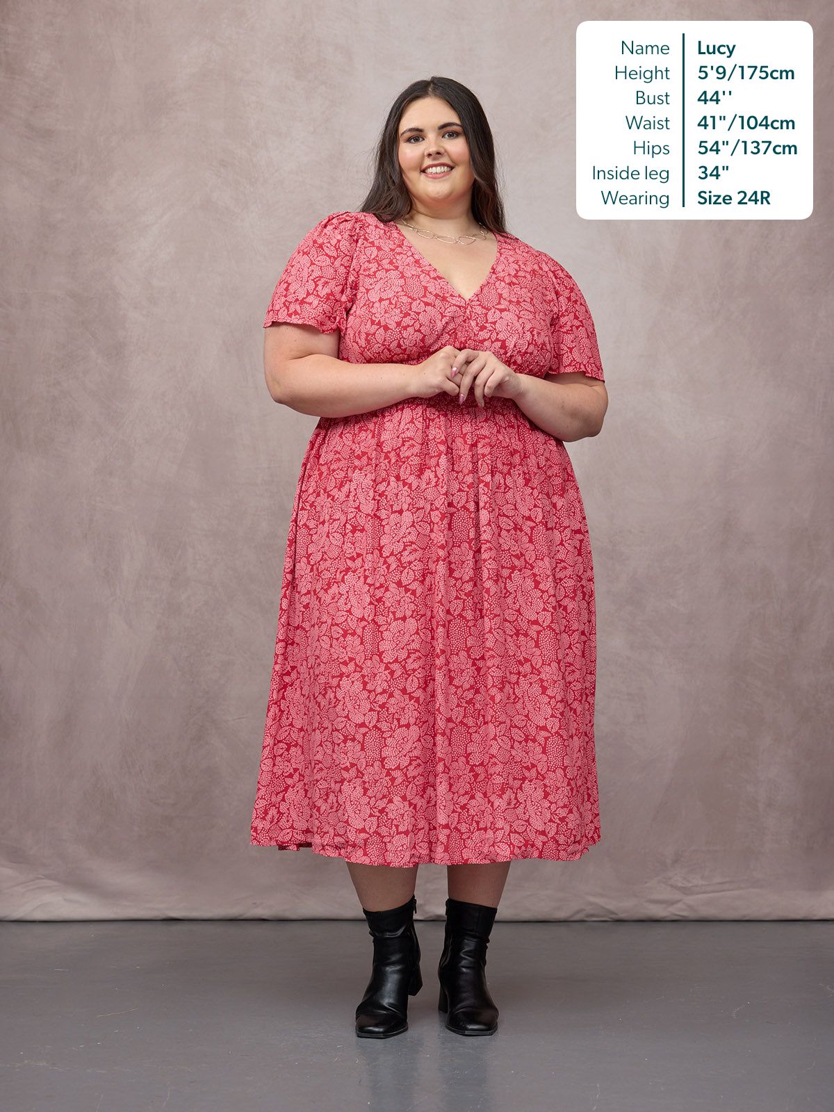 Maddie Short Angel Sleeve Dress - Red & Pink Abstract Flower Print