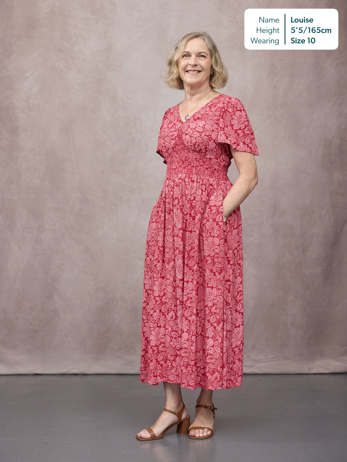 Maddie Short Angel Sleeve Dress - Red & Pink Abstract Flower Print