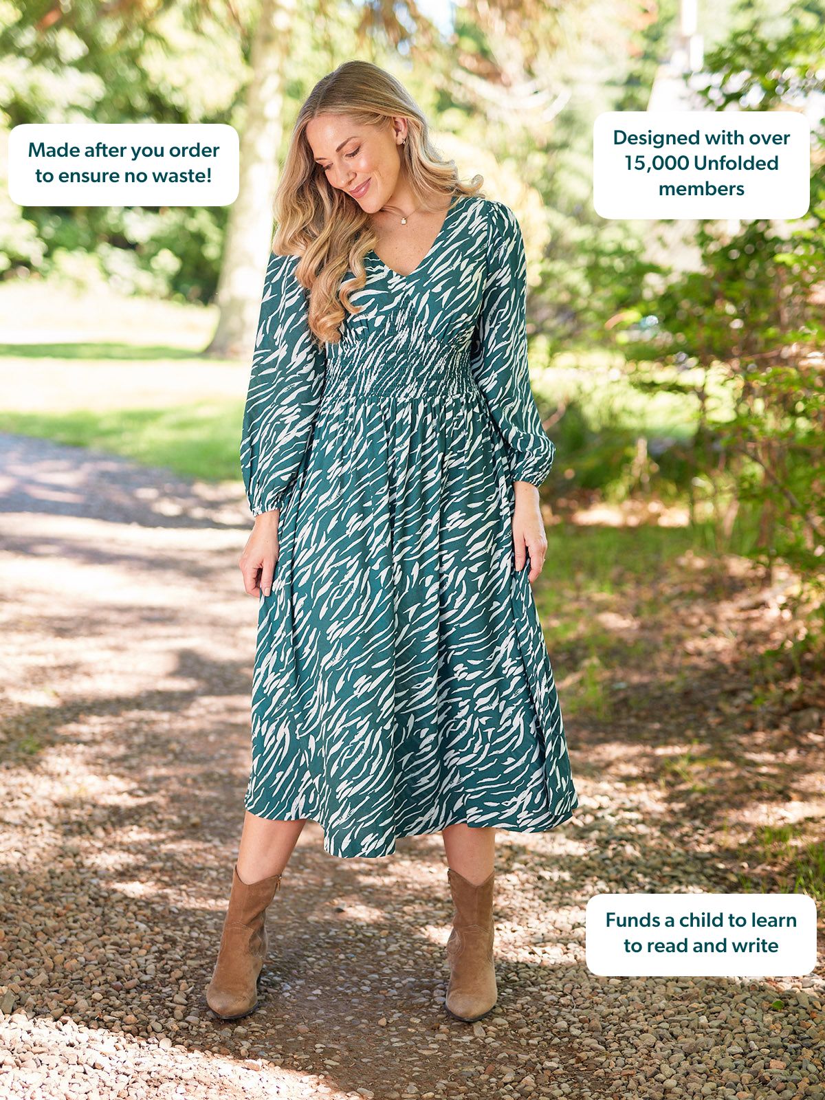 Maddie V-Neck Long Sleeve Dress - Abstract Animal Green & Ecru Print