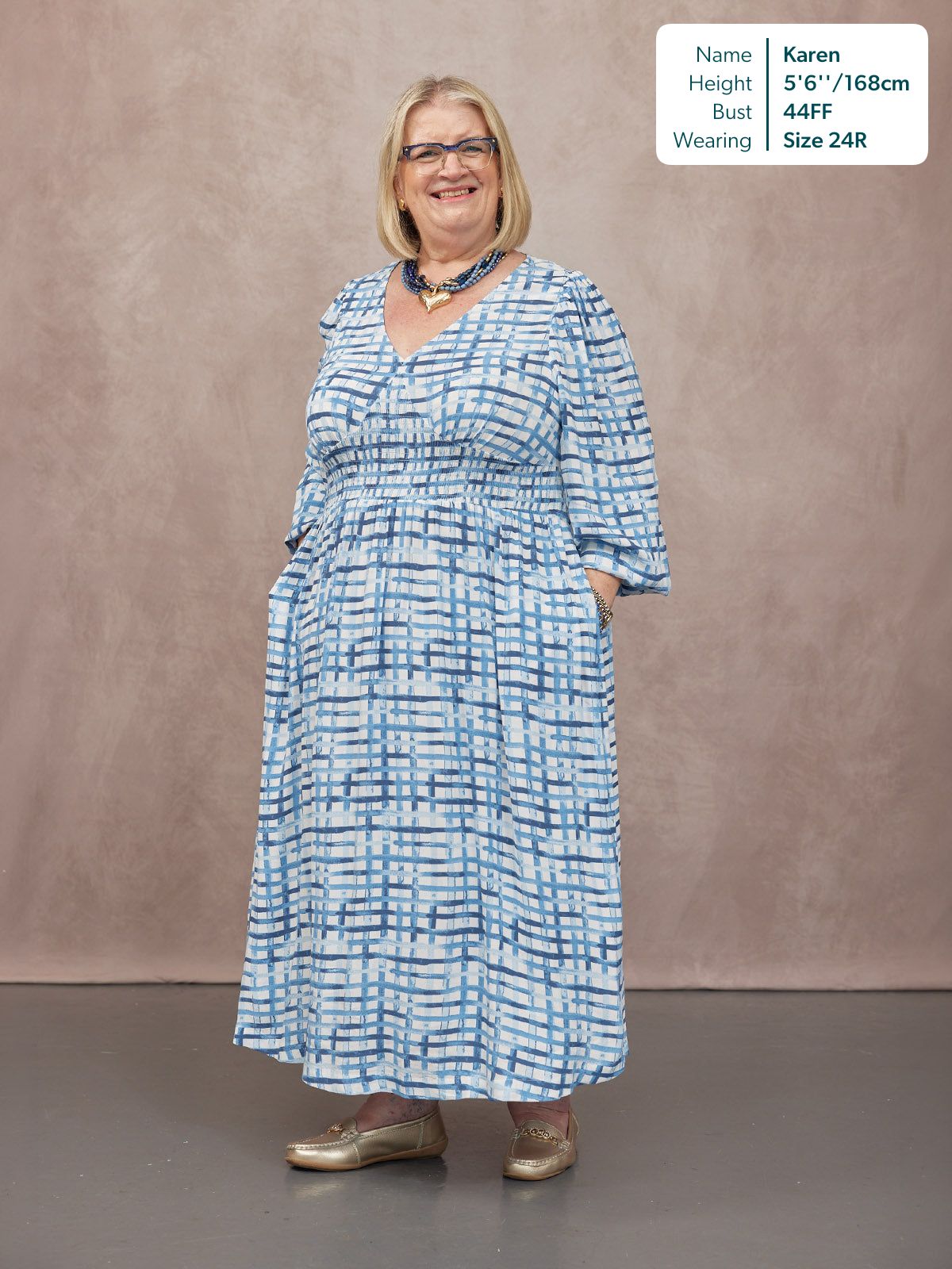 Maddie V-Neck Long Sleeve Dress - Geometric Blue & White Print