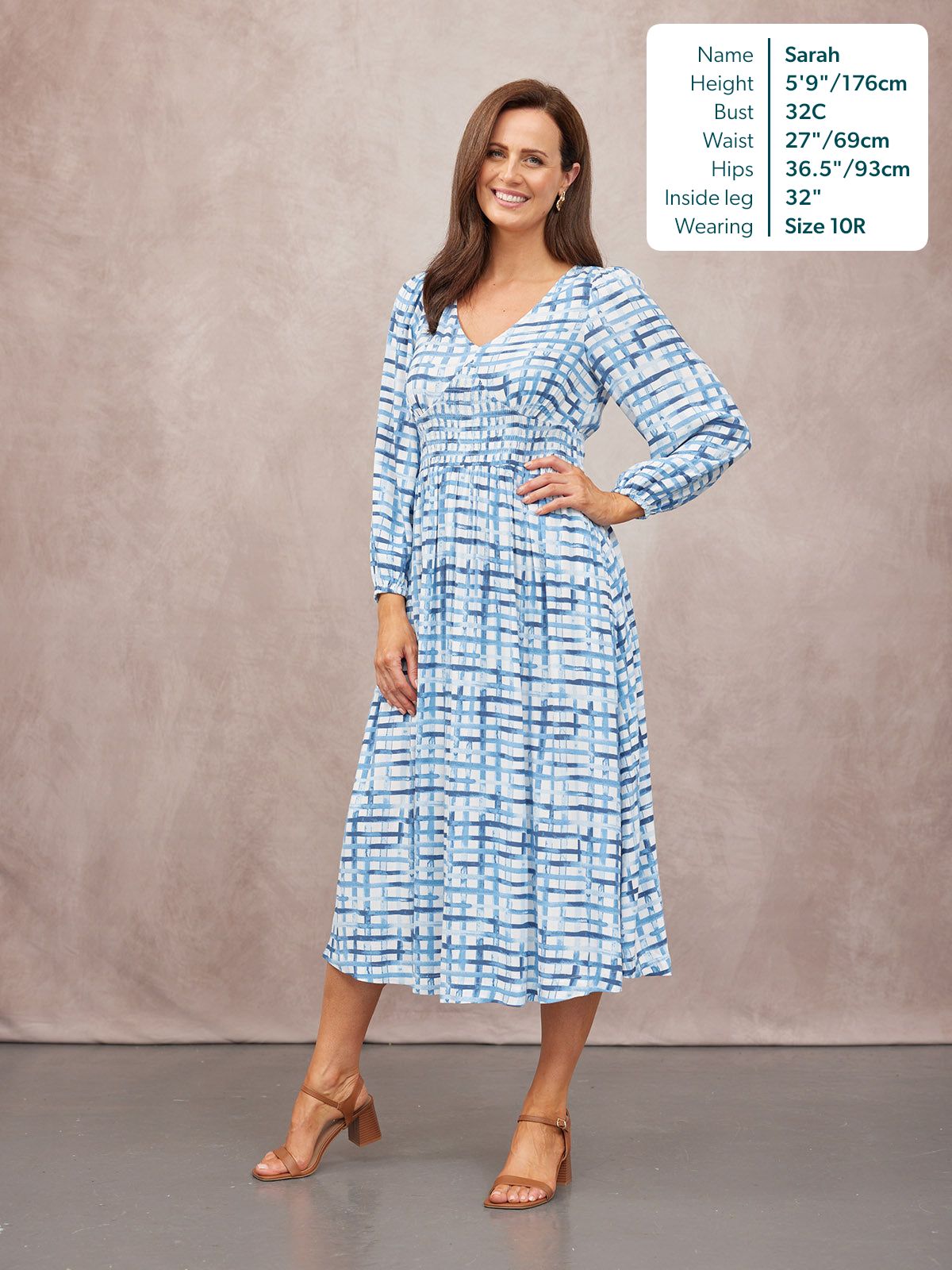 Maddie V-Neck Long Sleeve Dress - Geometric Blue & White Print