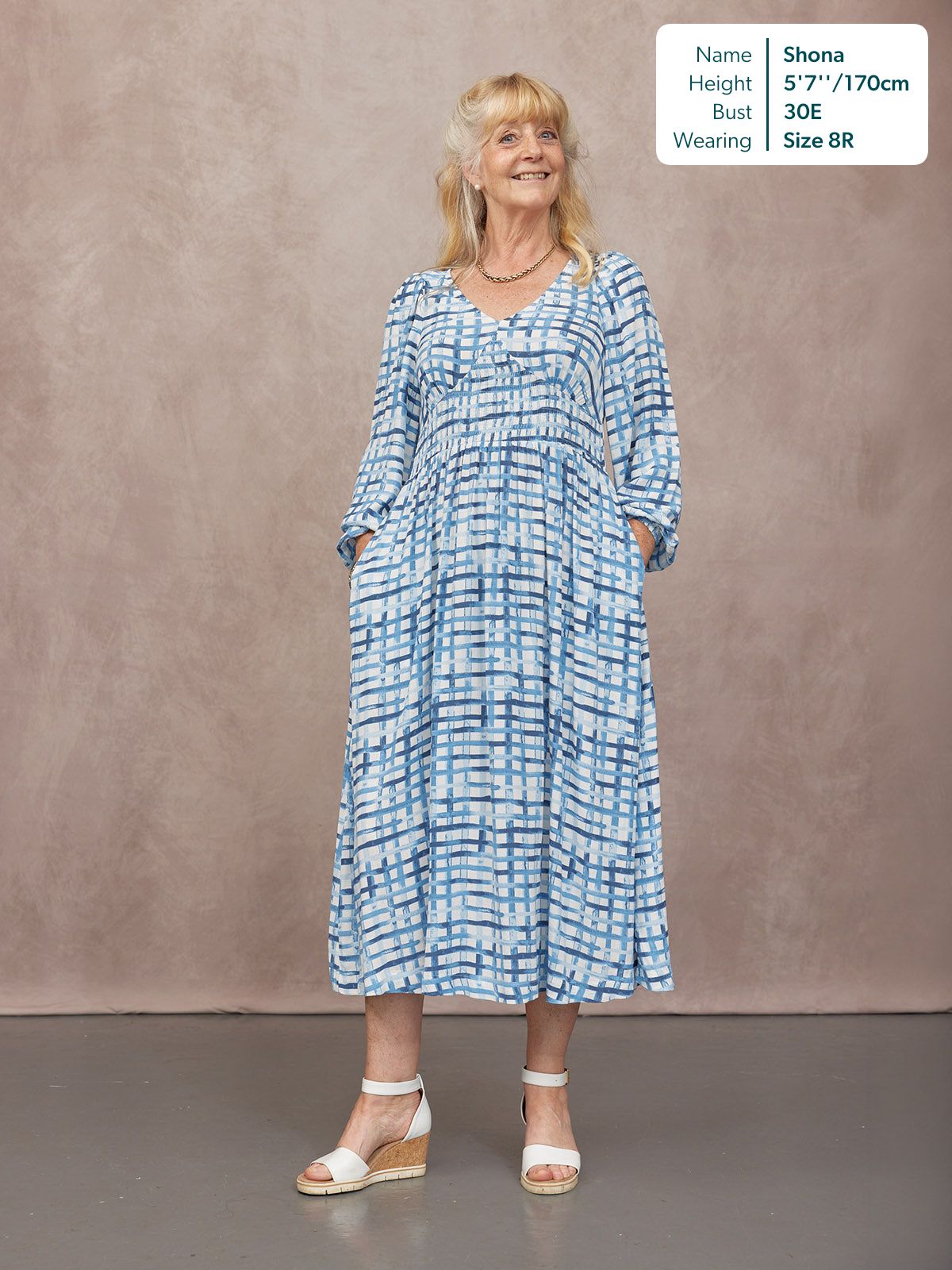 Maddie V-Neck Long Sleeve Dress - Geometric Blue & White Print
