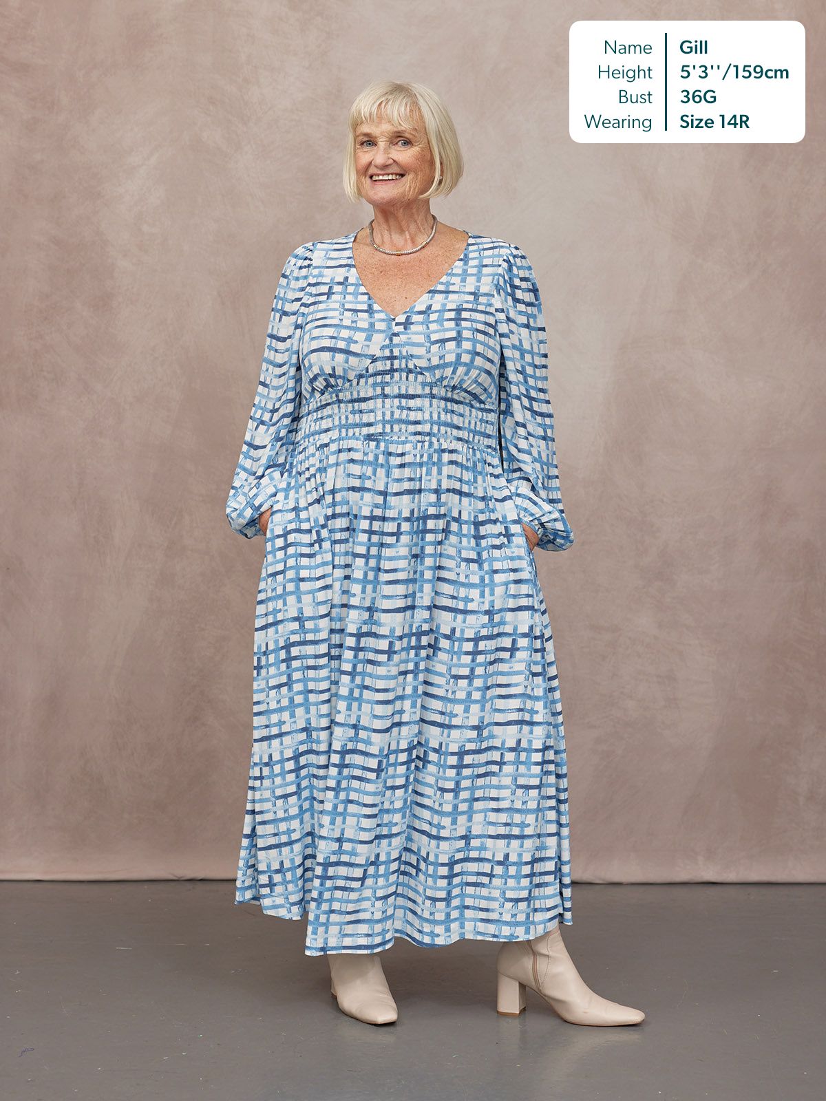 Maddie V-Neck Long Sleeve Dress - Geometric Blue & White Print