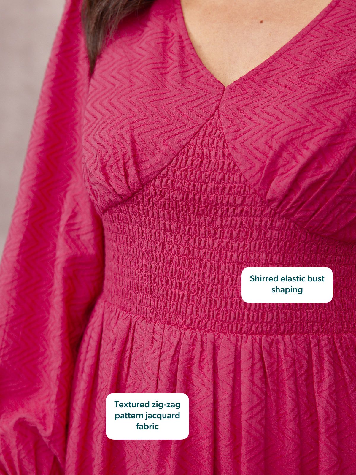 Maddie V-Neck Long Sleeve Jacquard Dress - Dark Pink