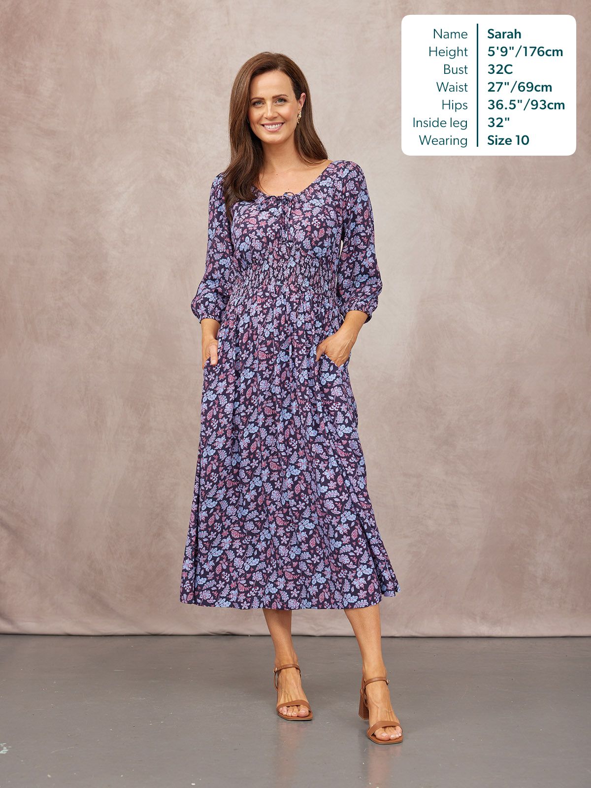 Marisol Scoop Neck Shirred Dress - Navy Floral