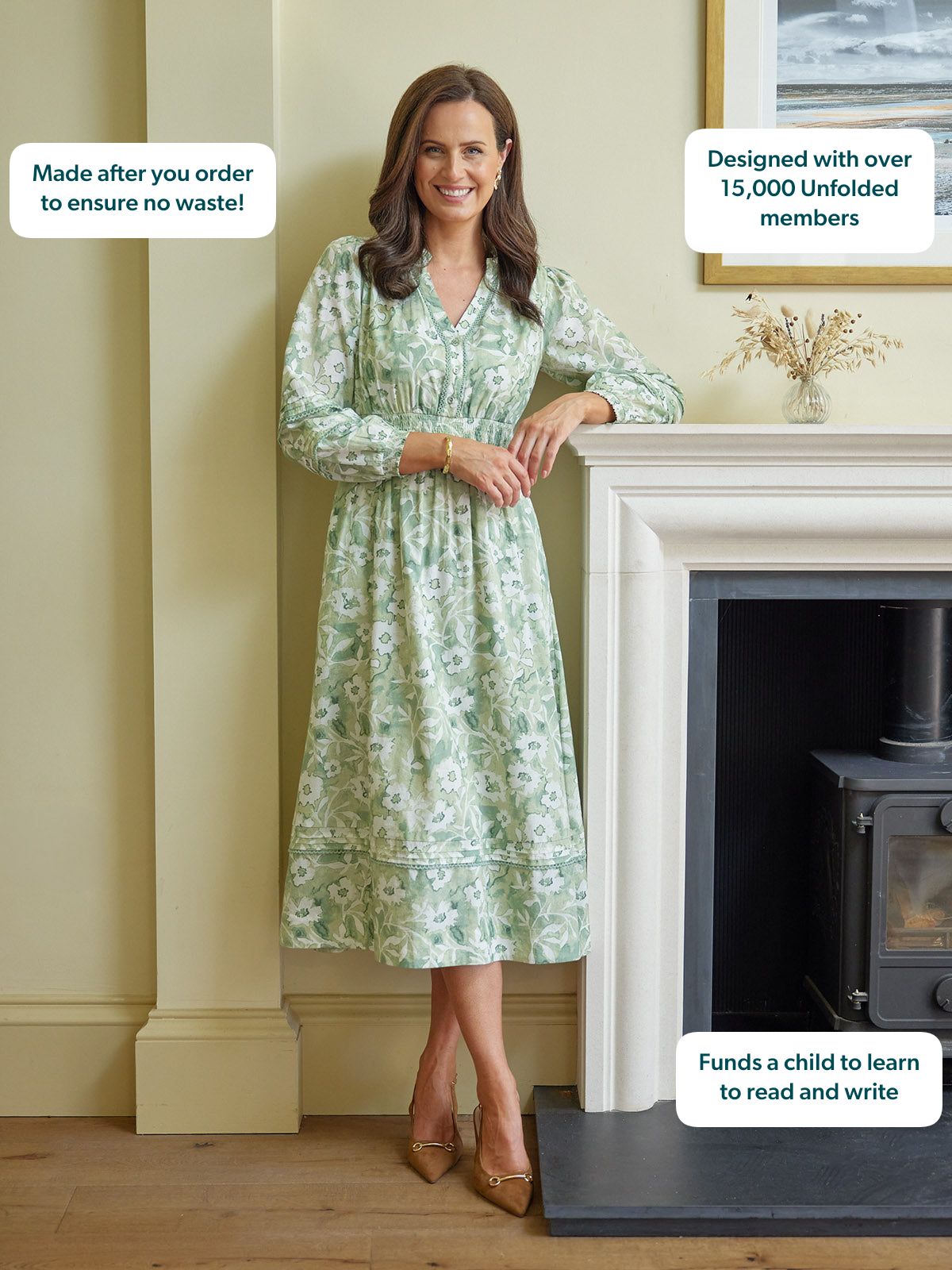 May Long Sleeve Shirred Neckline Dress - Green & White Watercolour Floral Print