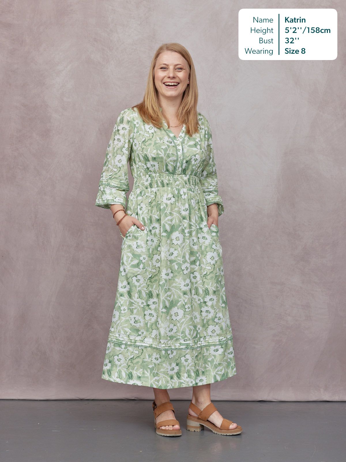 May Long Sleeve Shirred Neckline Dress - Green & White Watercolour Floral Print