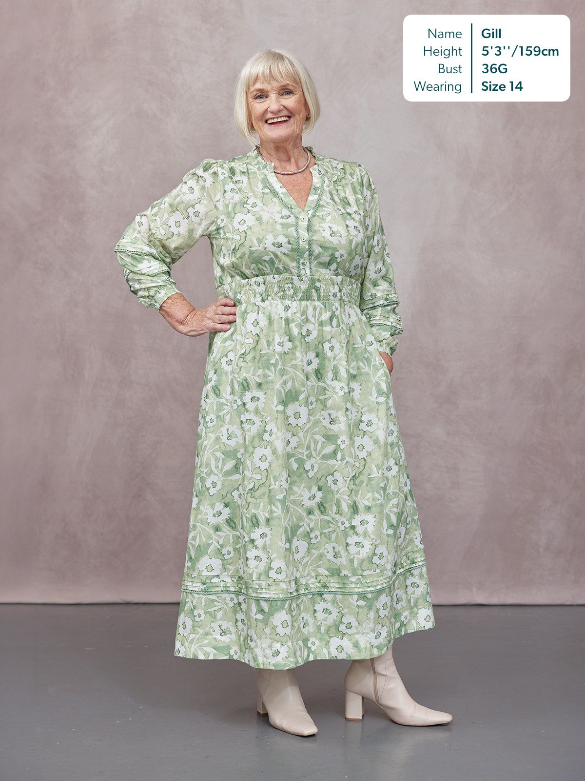 May Long Sleeve Shirred Neckline Dress - Green & White Watercolour Floral Print