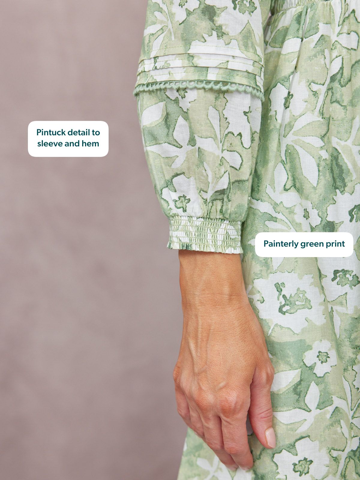 May Long Sleeve Shirred Neckline Dress - Green & White Watercolour Floral Print