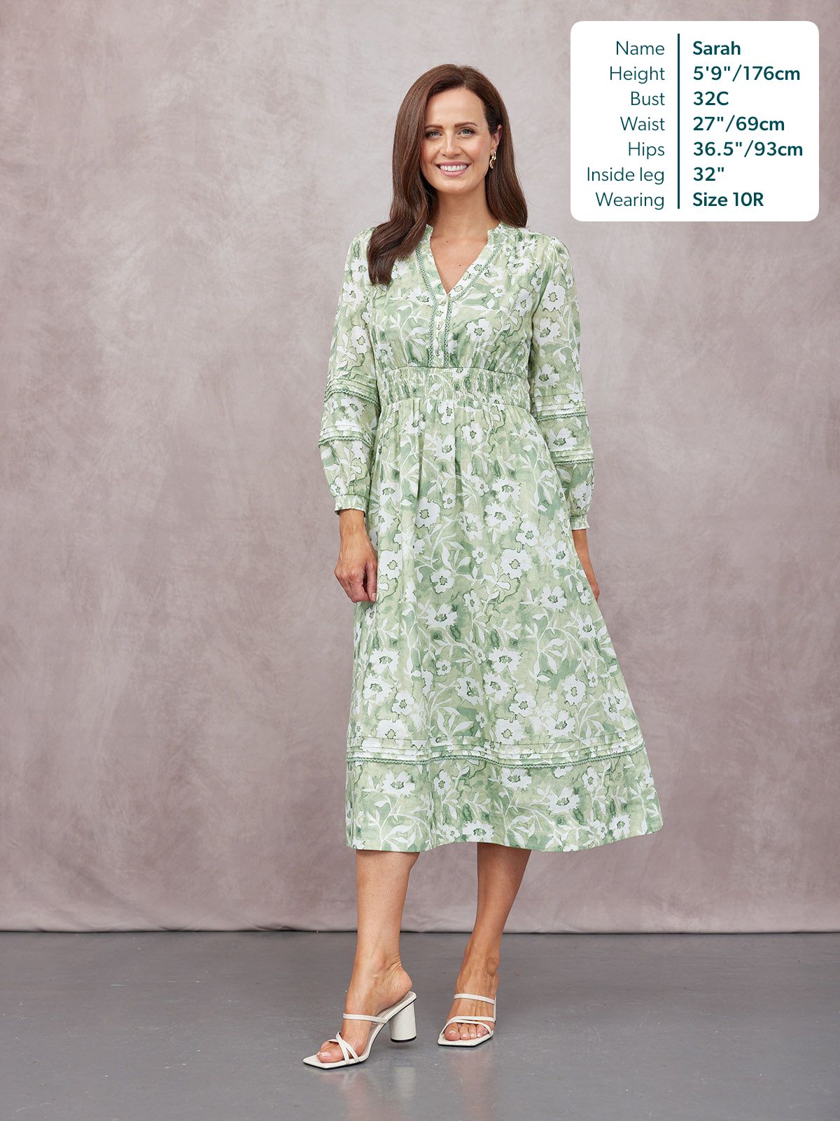 May Long Sleeve Shirred Neckline Dress - Green & White Watercolour Floral Print