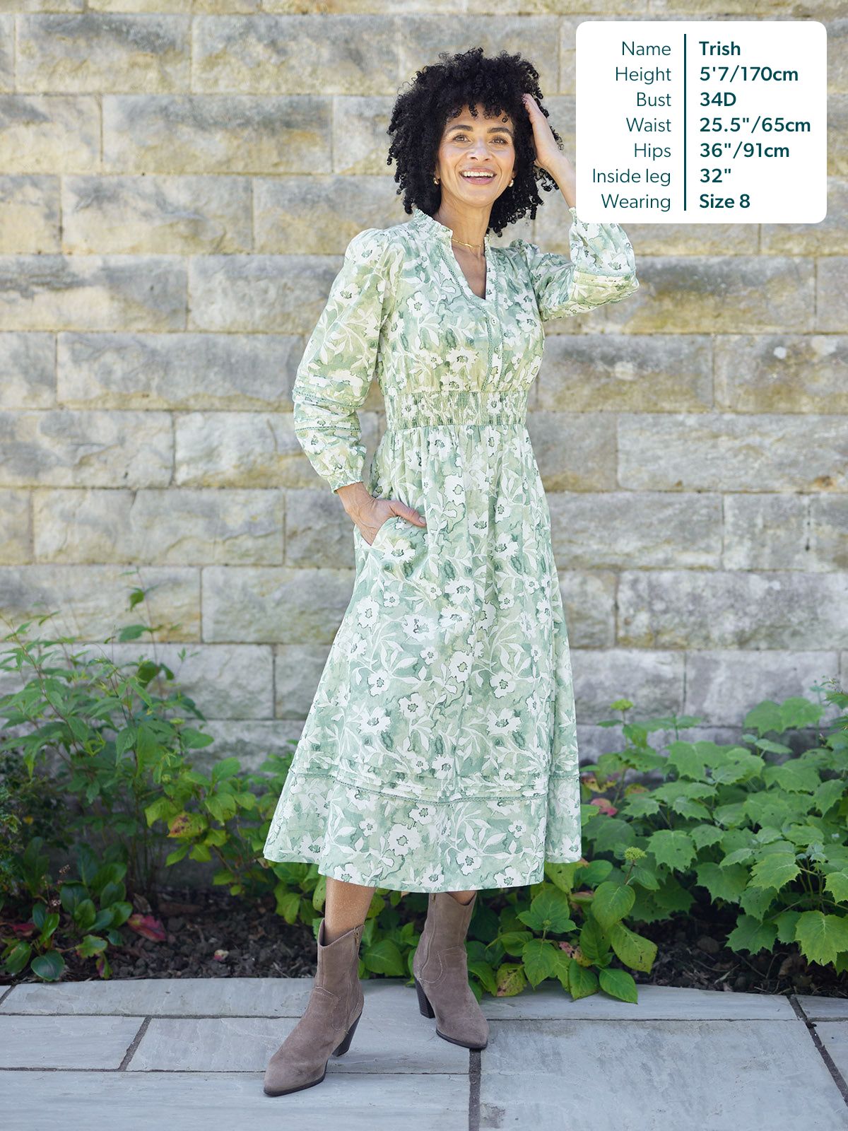 May Long Sleeve Shirred Neckline Dress - Green & White Watercolour Floral Print