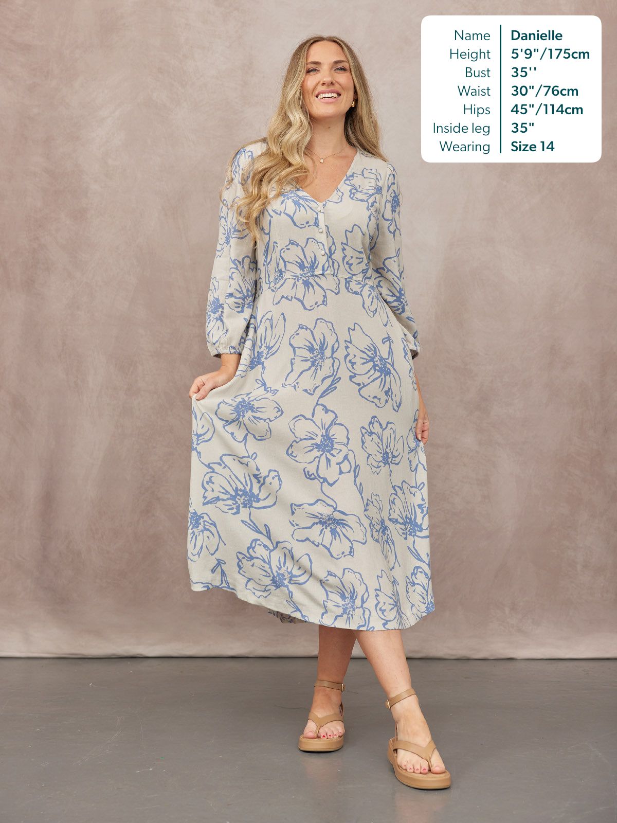 Hilary Printed Linen Mix Dress - Blue Floral