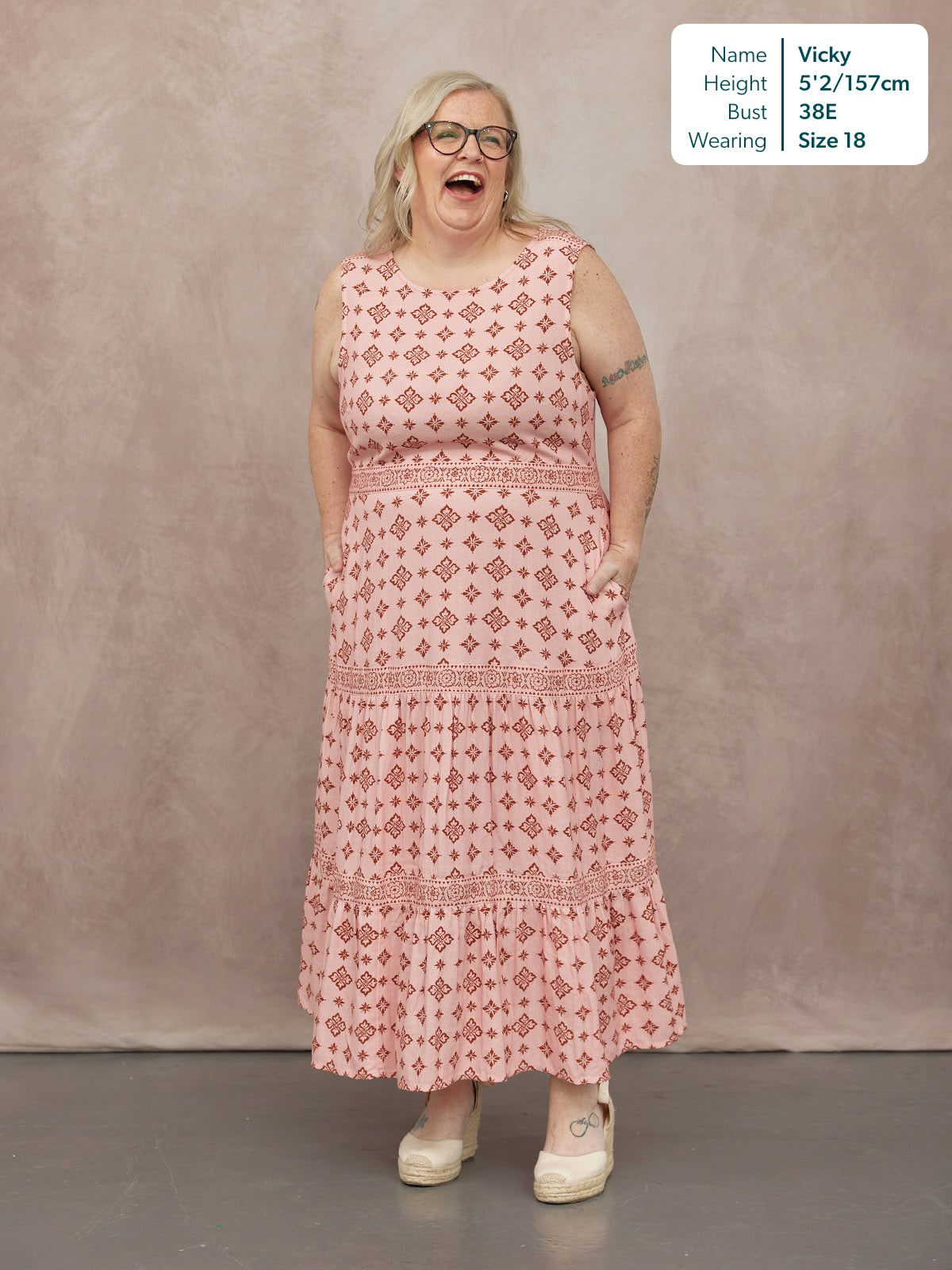 Marie Sleeveless Tiered Dress - Pink & Rust Print