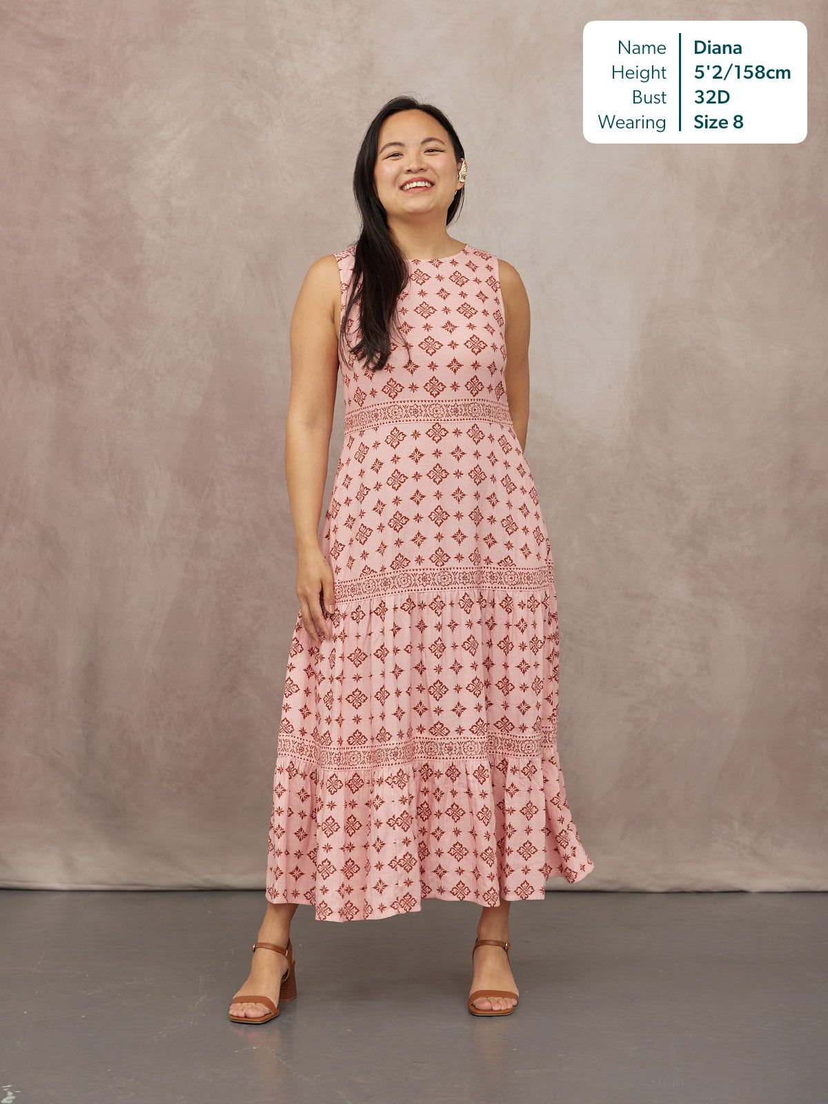 Marie Sleeveless Tiered Dress - Pink & Rust Print