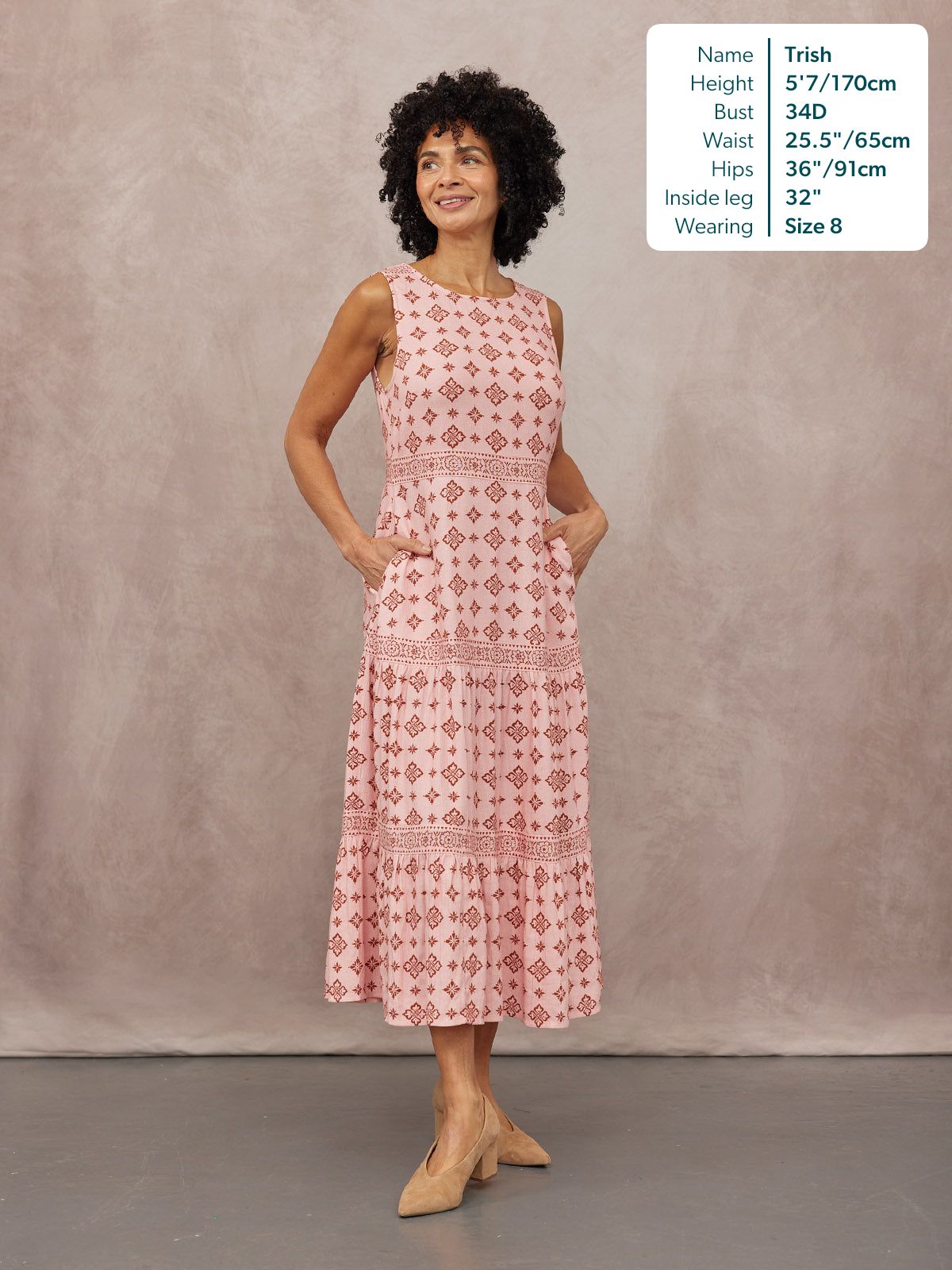 Marie Sleeveless Tiered Dress - Pink & Rust Print
