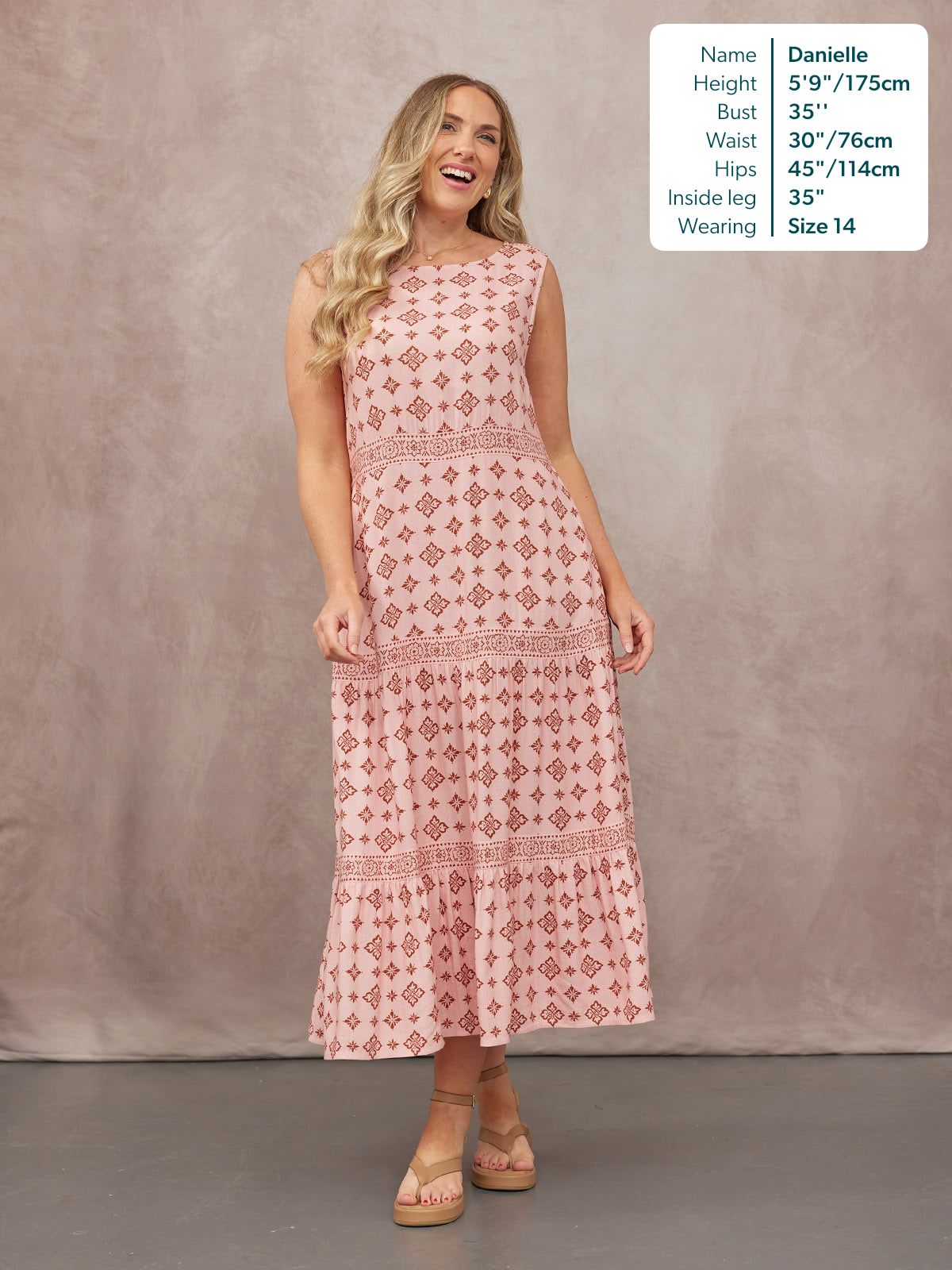 Marie Sleeveless Tiered Dress - Pink & Rust Print